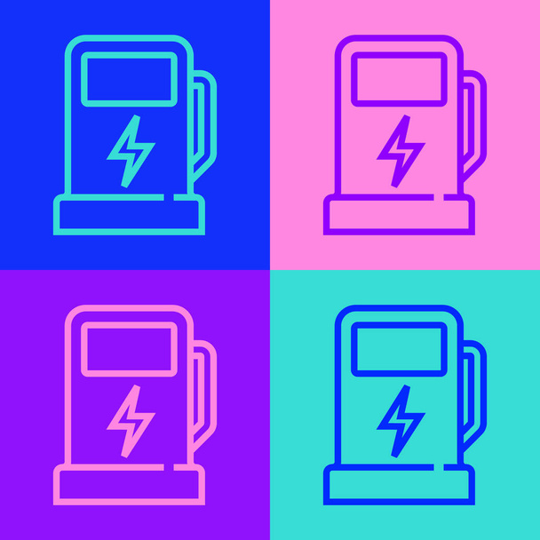 Linea Pop art Icona della stazione di ricarica auto elettrica isolata su sfondo colore. Eco segno pompa del carburante elettrico. Vettore. - Vettoriali, immagini