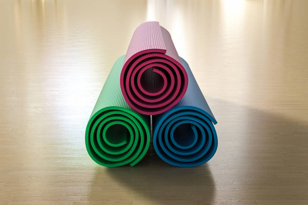 3D vykreslování hromada barevných jóga rohoží na podlaze - Fotografie, Obrázek