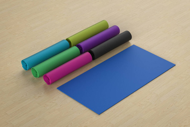 3d waardoor kleurrijke yoga matten op de vloer - Foto, afbeelding