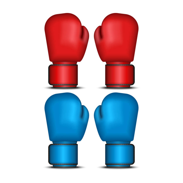 Boxing kesztyű készlet 3d reális vektor illusztráció elszigetelt fehér háttér, sportfelszerelés boksz, két pár piros és kék kesztyű bokszoló kézvédelem - Vektor, kép