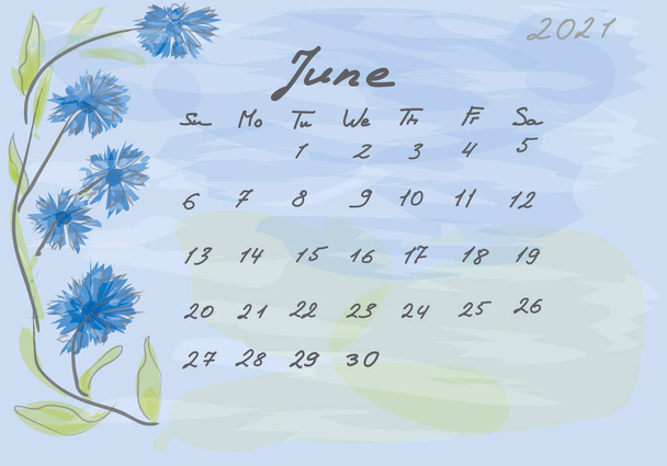Calendar 2021. Abstact and botanical. Watercolor style. Sunday starts Handwritten numbers and letters. - Вектор,изображение