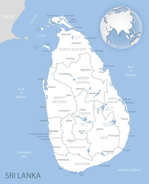 Сине-желтая подробная карта административных делений Шри-Ланки и ее расположения на земном шаре. Векторная иллюстрация - Вектор,изображение