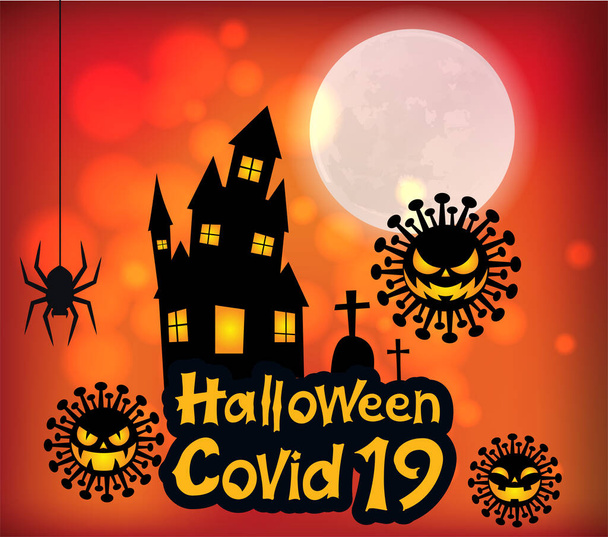 Halloween Covid19 Plakat, tło nocy z przerażającym zamku - Wektor, obraz