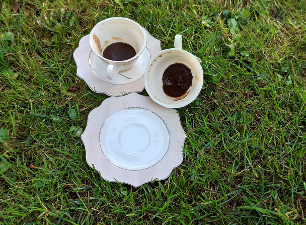 Sabah çimleri üzerinde bir fincan kahve. - Fotoğraf, Görsel