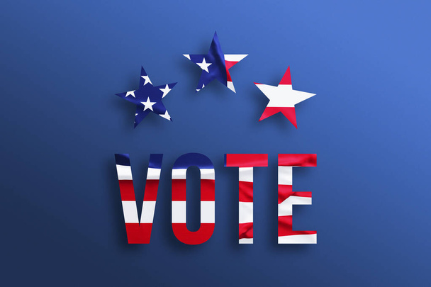 USA äänestää käsite. Amerikan yhdysvaltojen presidentinvaalit 2020. Teksti, jossa Amerikan lippu sinisellä pohjalla - Valokuva, kuva