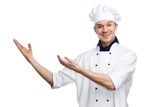 Happy chef with welcoming gesture - Zdjęcie, obraz
