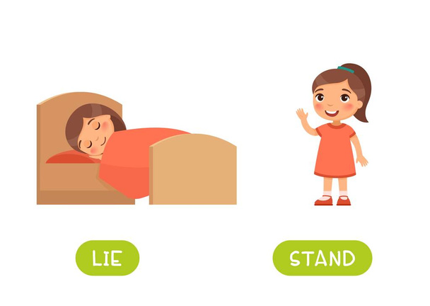 LIE and STAND antonyms word card vector template. Flashcard for english language learning. Opposites concept. Little girl sleeping in bed, child standing and waving - Vector, Image