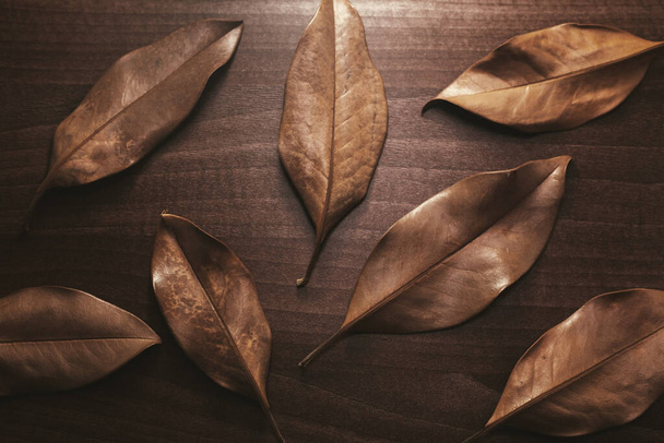 Achtergrond van droge bruine bladeren op een houten tafel - Foto, afbeelding