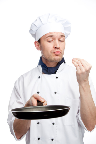Chef with pan in uniform - 写真・画像