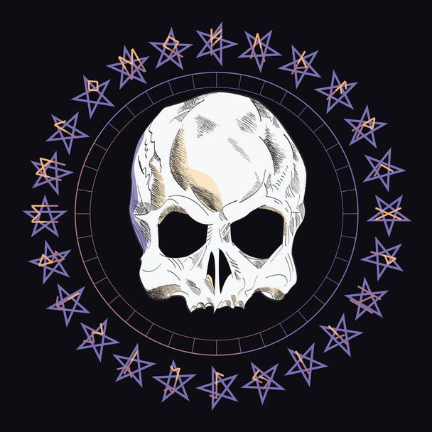 T-Shirt-Vektor-Design eines Totenkopfes über einem umgedrehten Stern und Runenzeichen isoliert auf schwarz  - Vektor, Bild