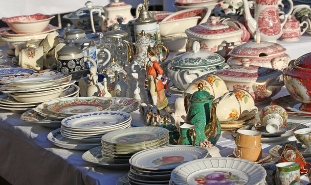 furnishings and ceramic plates for sale vintage shop - Photo, Image