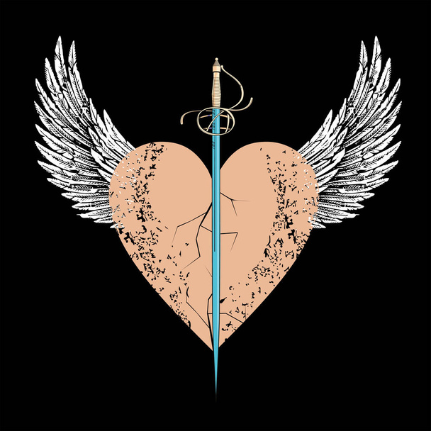 Vektortervezés egy kard pólójához egy szárnyas szív felett, fekete alapon elszigetelve. A penge és a szív illusztrációja. - Vektor, kép