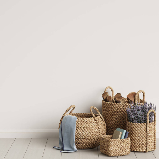 Wicker baskets standing on the floor in light empty roomDigital illustration.3d rendering - Foto, imagen
