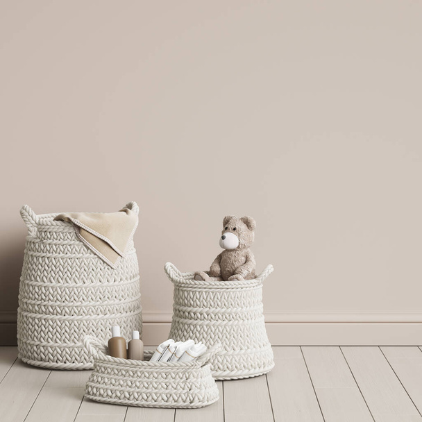 Wicker baskets standing on the floor in light empty roomDigital illustration.3d rendering - Foto, Imagen