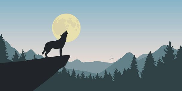lobo aulla en luna llena naturaleza paisaje - Vector, imagen