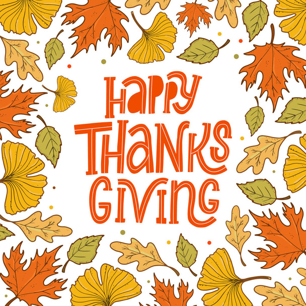 cute typography quote for Thanksgiving decorated with frame of autumn leaves on white background. good for posters, prints, cards, invitations, signs, labels, etc.  - 写真・画像