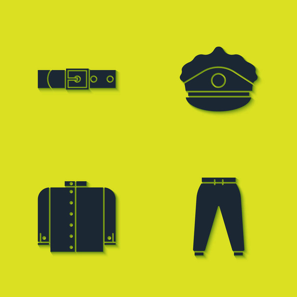 Set Leather belt, Sport pants, T-shirt and Police cap with cockade icon. Vector. - Vector, Image