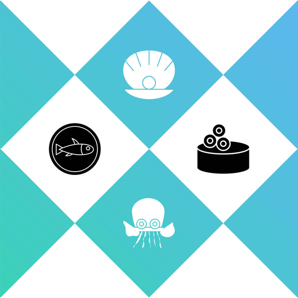 Set Geserveerde vis op een bord, Octopus, Shell met parel en tin kan kaviaar pictogram. Vector. - Vector, afbeelding
