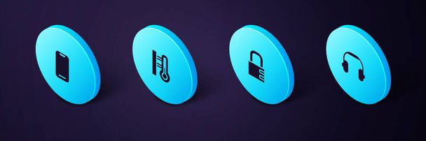 Set Isometric Headphones, Safe combination lock, Meteorology thermometer and Smartphone icon. Vector. - Vector, Image