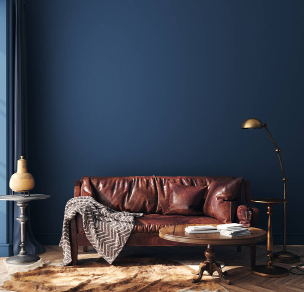 Темно-синий домашний интерьер со старой ретро-мебелью, стиль хипстер, 3D рендер - Фото, изображение