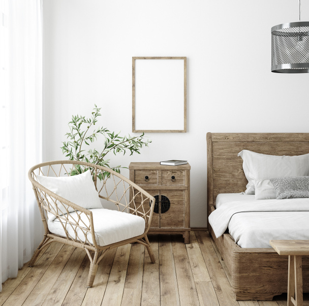 Mockup runko makuuhuoneen sisustus tausta, maalaistalo tyyli, 3d renderöinti - Valokuva, kuva