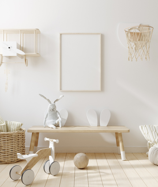 Finto telaio in camera dei bambini con mobili in legno naturale, sfondo interno in stile scandinavo, rendering 3D - Foto, immagini