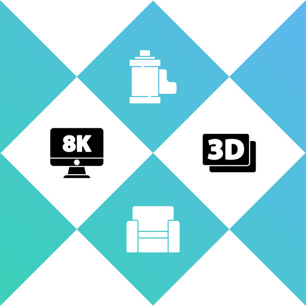 Set Monitor with 8k, Cinema chair, Camera film roll cartridge and 3D word icon. Vector. - Vector, Image
