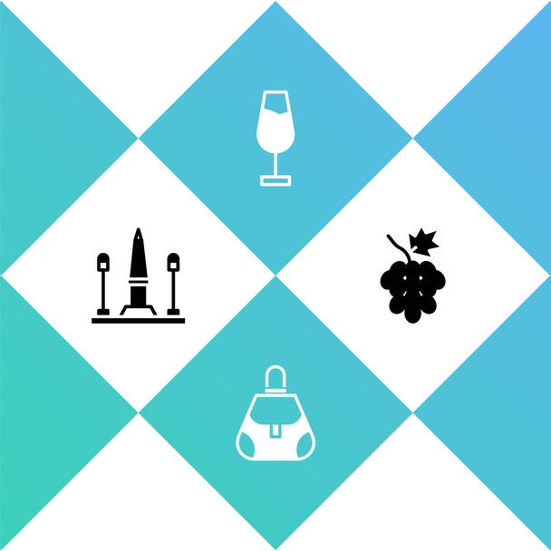 Set Place De La Concorde, Handbag, Wine glass and Grape fruit icon. Vector. - Vector, Image
