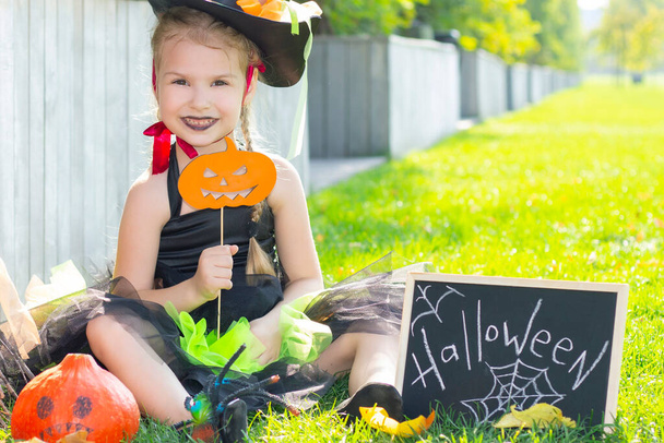 girl in a witch costume for the Halloween holiday. Placard with the inscription: Halloween. Girl sitting on the grass with pumkin - Φωτογραφία, εικόνα