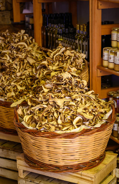 New harvested dried tasty white porcini boletus mushrooms in shop, Nemi, Castelli Romani, Italy - Photo, Image