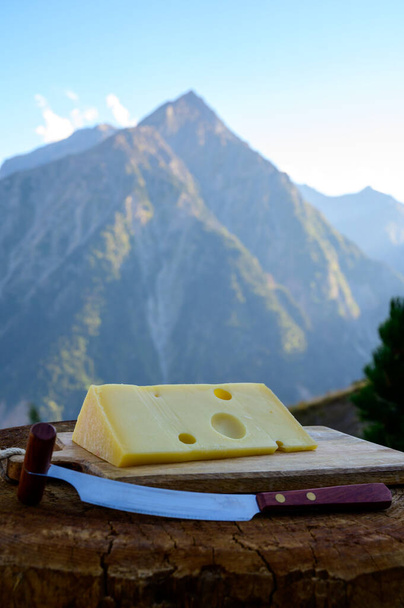 Cheese collection, French emmental de savoie cheese with round holes served outdoor in Savoy region, with Alpine mountains peaks in summer on background - Photo, Image