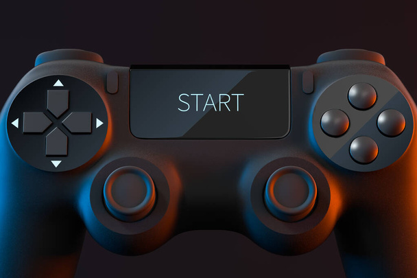 Spielfeld mit "START" auf dem Bildschirm, 3D-Rendering. Digitale Computerzeichnung. - Foto, Bild