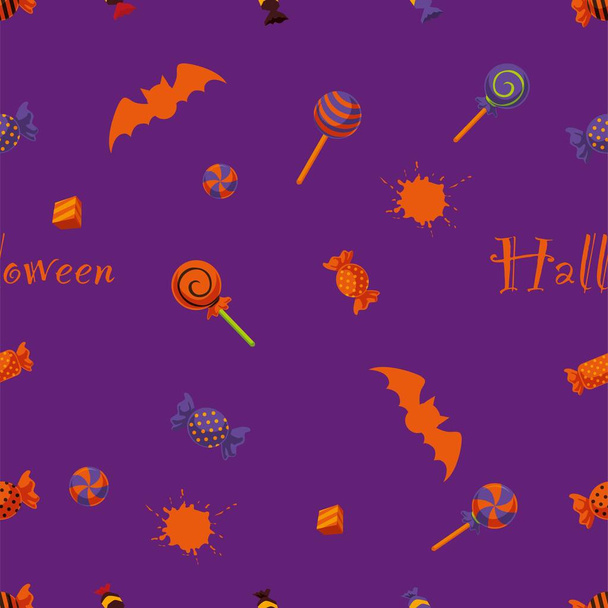 Halloween naranja patrón sin costuras festivo. Fondo sin fin con calabazas, calaveras, murciélagos, arañas, fantasmas, huesos, telarañas de caramelo Vector ilustración - Vector, imagen