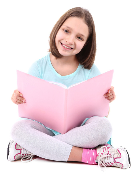 Beautiful little girl with book, isolated on white - Φωτογραφία, εικόνα