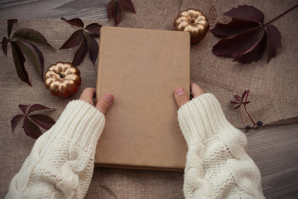 Kırmızı yaprakların ve altın balkabaklarının arka planında bir çocuğun el sanatları kapağında bir kitap, sıcak renklerde bir sonbahar fotoğrafı.  - Fotoğraf, Görsel