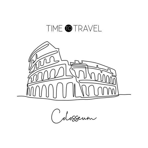 Una linea continua che disegna Colosseo anfiteatro punto di riferimento. Luogo storico iconico di Roma. Vacanza vacanza casa decorazione parete poster concetto di stampa. Illustrazione moderna del vettore di disegno a singola linea - Vettoriali, immagini