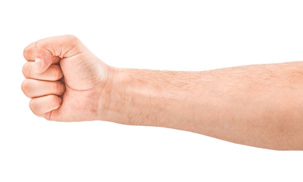 Mão de homem com um punho, isolado em um fundo branco, - Foto, Imagem