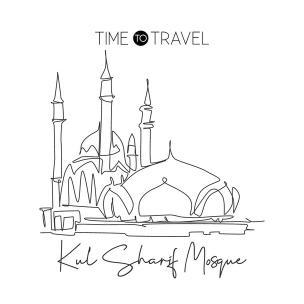 Single continuous line drawing Kul Sharif Mosque landmark. Beautiful famous place in Kazan Russia. World holy place home wall decor poster art concept. Dynamic one line draw design vector illustration - Vector, Image