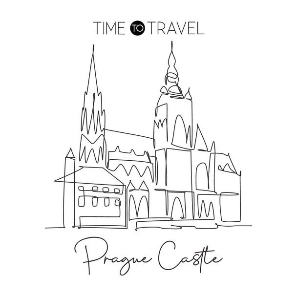 Uma única linha desenhando o marco do Castelo de Praga. Edifício icónico mundialmente famoso na República Checa. Turismo de viagem cartão postal casa decoração de parede conceito de cartaz. Desenho de linha contínua desenho ilustração vetorial - Vetor, Imagem