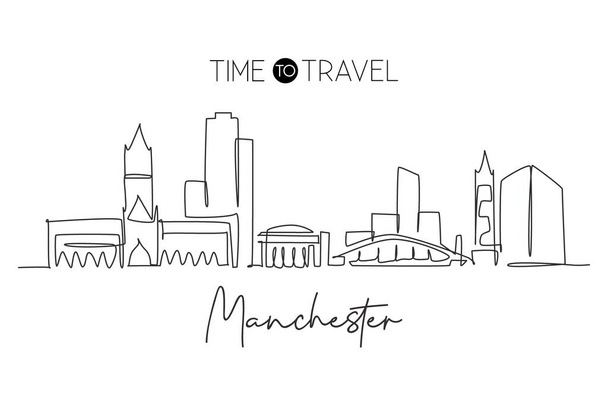 Un disegno a singola linea dello skyline di Manchester City. Grattacielo paesaggio della città nel mondo. Migliore destinazione vacanza parete decorazione poster arte concetto di vacanza. Illustrazione vettoriale continua del disegno di linea - Vettoriali, immagini