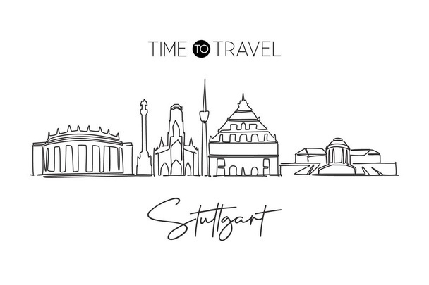 Yksi jatkuva linja piirustus Stuttgartin kaupungin horisonttiin Saksa. Kaunis pilvenpiirtäjä. Maailman maisema matkailu matkustaa loma seinän sisustus juliste käsite. Tyylikäs yhden viivan piirtää suunnittelu vektori kuva - Vektori, kuva