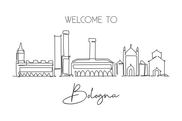 One continuous line drawing of Bologna city skyline, Italy. Beautiful skyscraper. World landscape tourism travel vacation wall decor print concept. Stylish single line draw design vector illustration - Vector, Image