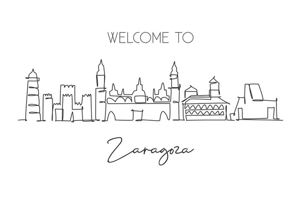 Yksi jatkuva linja piirustus Zaragoza kaupungin horisonttiin Espanja. Kaunis pilvenpiirtäjä postikortti. Maailman maisema matkailu matkustaa loma seinän sisustus juliste käsite. Yksirivinen piirtokuva - Vektori, kuva