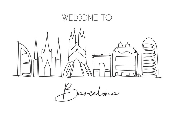 Один малюнок міста Барселона Небесна, Іспанія. Історичний ландшафт хмарочосів у світовій поштовій листівці. Кращий постер для декору стін. Безперервна лінія малює векторний малюнок. - Вектор, зображення