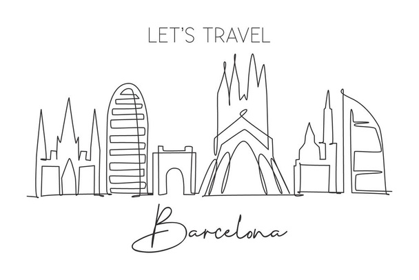 One continuous line drawing of Barcelona city skyline, Spain. Beautiful skyscraper. World landscape tourism travel vacation wall decor poster print. Stylish single line draw design vector illustration - Vector, Image