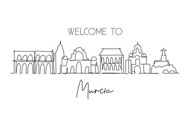 One single line drawing Murcia city skyline Spain. Historical skyscraper landscape in world postcard. Best holiday destination wall decor poster. Trendy continuous line draw design vector illustration - Vector, Image