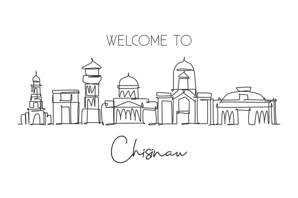 Enkele continue lijn tekening van Chisinau stad skyline, Moldavië. Beroemde stad schraper en landschap. World travel concept wanddecoratie poster print kunst. Moderne one line draw ontwerp vector illustratie - Vector, afbeelding