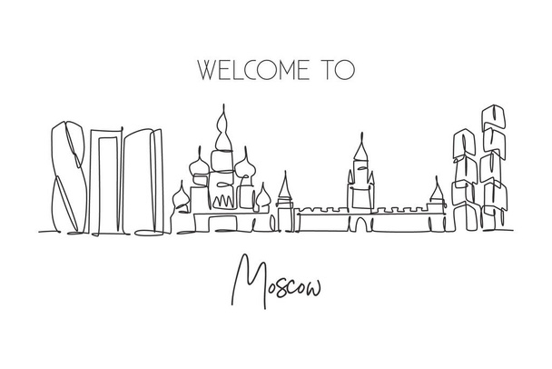 Moskova 'nın siluetinin aralıksız çizimi, Rusya. Güzel dönüm noktası. Dünya peyzaj turizmi seyahat, duvar dekorasyonu, poster baskısı. Tek çizgi çizimi tasarım vektörü illüstrasyonu - Vektör, Görsel