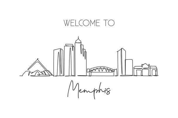Single continuous line drawing of Memphis city skyline, USA. Famous city scraper and landscape. World travel concept home wall decor poster print art. Modern one line draw design vector illustration - Vector, Image