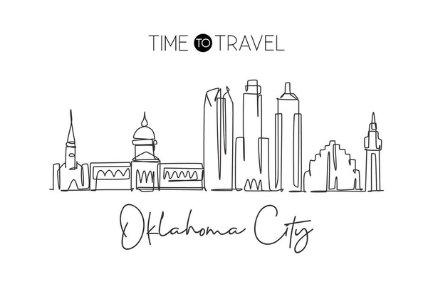 Oklahoma şehrinin tek bir çizgi çizimi Birleşik Devletler 'in ufuk çizgisi. Tarihi kasaba manzarası. Tatil için en iyi ev dekorasyonu duvar resimleri posteri. Moda sürekli çizgi çizimi tasarım vektörü illüstrasyonu - Vektör, Görsel